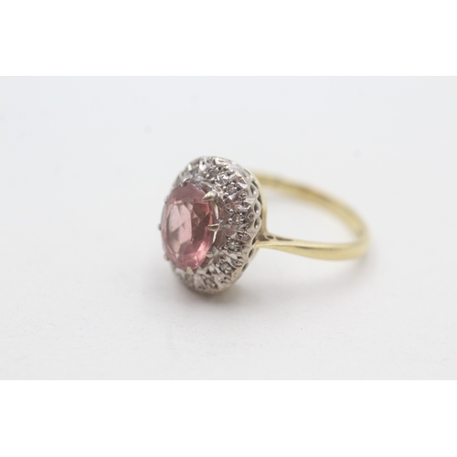 187 - 18ct gold diamond & pink tourmaline oval cluster ring (5.3g) Size O