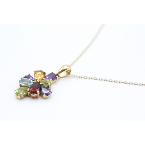 196 - 9ct gold multi-gemstone cluster pendant necklace, gemstones including: amethyst, garnet, peridot, ci... 