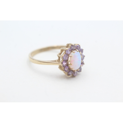 214 - 9ct gold opal & amethyst dress ring (2.6g) Size P