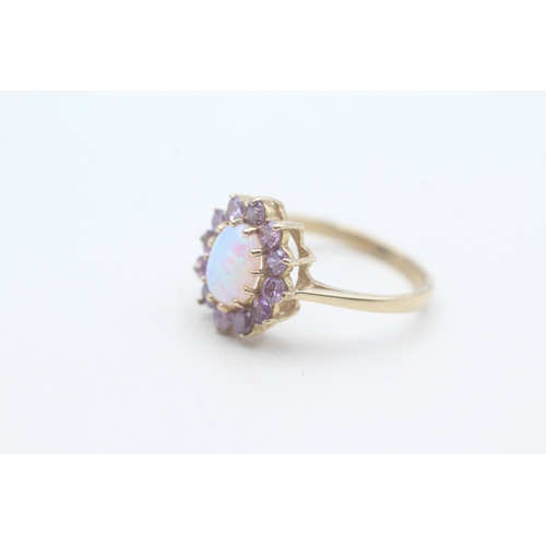 214 - 9ct gold opal & amethyst dress ring (2.6g) Size P