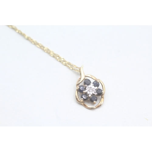 235 - 9ct gold sapphire & diamond cluster pendant necklace (2g)