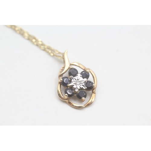 235 - 9ct gold sapphire & diamond cluster pendant necklace (2g)