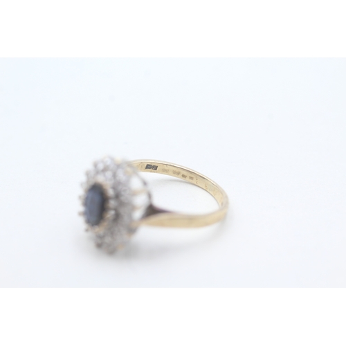 236 - 9ct gold sapphire and diamond halo set ring (2.7g) Size J 1/2