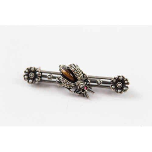 335 - Victorian Silver Stone Set Bug Brooch inc. Seed Pearl, Tigers Eye 8g