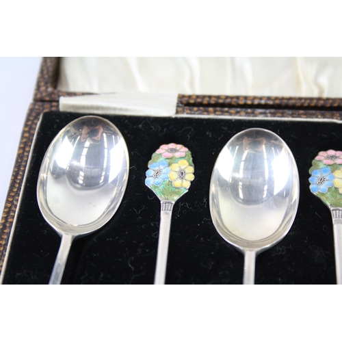 340 - 6 x Vintage 1934 Birmingham Sterling Silver Floral Enamel Teaspoons Cased 55g