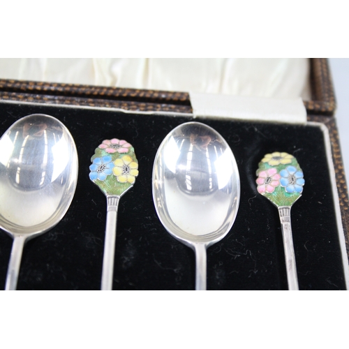 340 - 6 x Vintage 1934 Birmingham Sterling Silver Floral Enamel Teaspoons Cased 55g