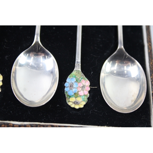 340 - 6 x Vintage 1934 Birmingham Sterling Silver Floral Enamel Teaspoons Cased 55g