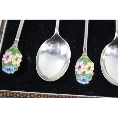 340 - 6 x Vintage 1934 Birmingham Sterling Silver Floral Enamel Teaspoons Cased 55g