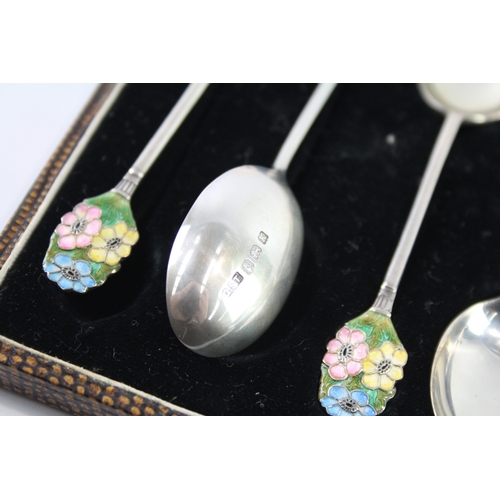 340 - 6 x Vintage 1934 Birmingham Sterling Silver Floral Enamel Teaspoons Cased 55g