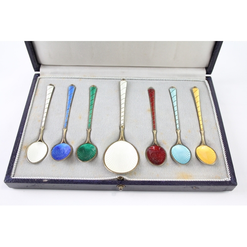 345 - 7 x Vintage Stamped .925 Sterling Silver Ela Denmark Guilloche Enamel Spoons 68g