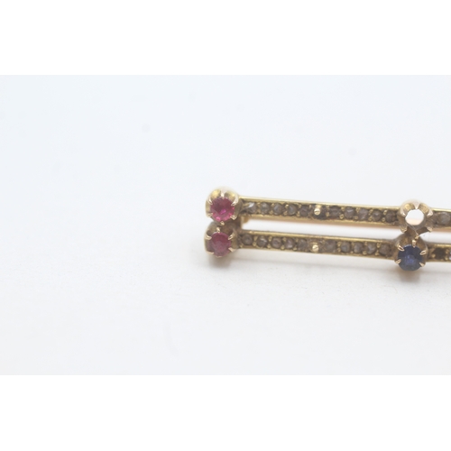 40 - 15ct gold antique diamond, ruby & sapphire brooch (as seen) (3.7g)