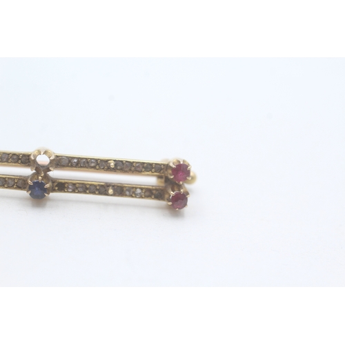 40 - 15ct gold antique diamond, ruby & sapphire brooch (as seen) (3.7g)