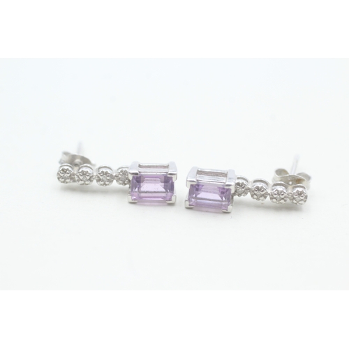 57 - 9ct white gold amethyst and diamond set drop earrings (2.1g)