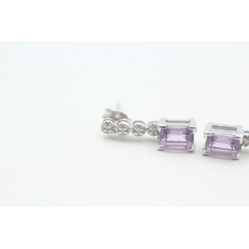 57 - 9ct white gold amethyst and diamond set drop earrings (2.1g)