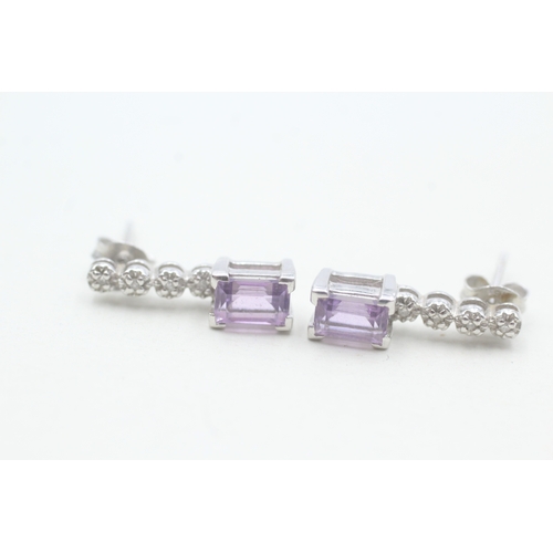 57 - 9ct white gold amethyst and diamond set drop earrings (2.1g)