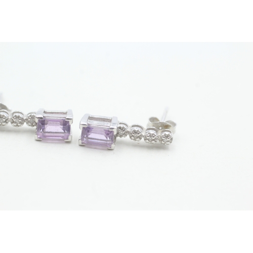 57 - 9ct white gold amethyst and diamond set drop earrings (2.1g)