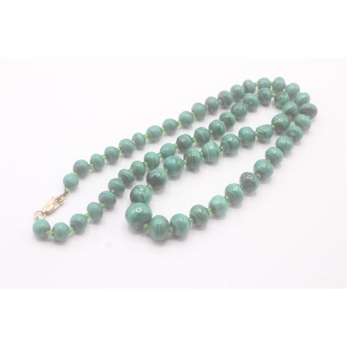 61 - 9ct gold clasp malachite & green paste beads single strand necklace (105.5g)