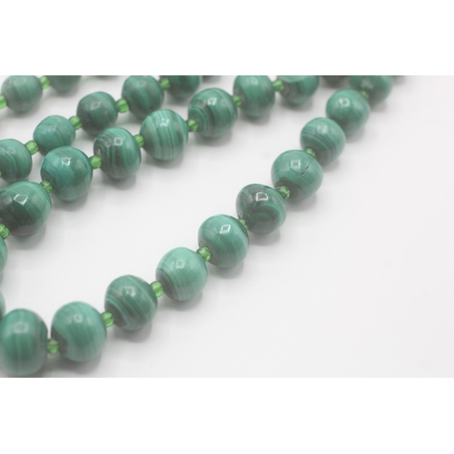 61 - 9ct gold clasp malachite & green paste beads single strand necklace (105.5g)