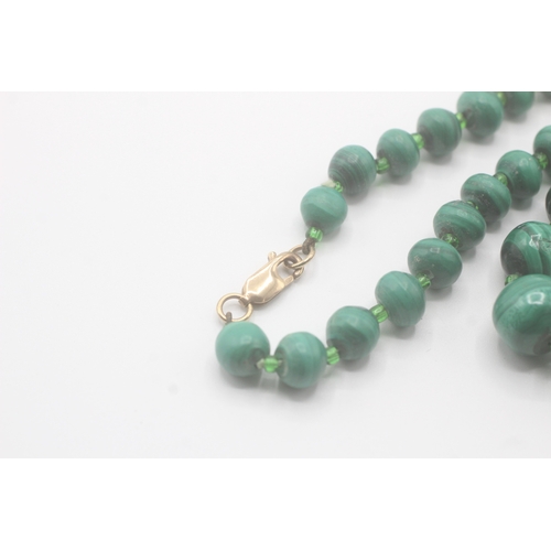 61 - 9ct gold clasp malachite & green paste beads single strand necklace (105.5g)