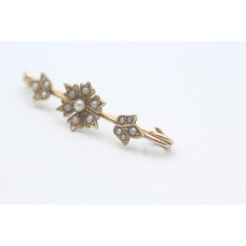 73 - 9ct gold and 15ct gold top seed pearl bar brooch (1.9g)