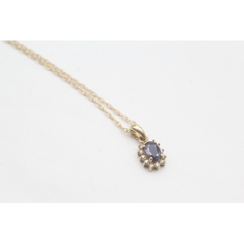 85 - 9ct gold sapphire & diamond cluster pendant necklace (1.6g)