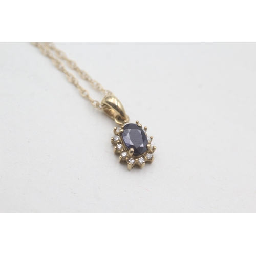 85 - 9ct gold sapphire & diamond cluster pendant necklace (1.6g)