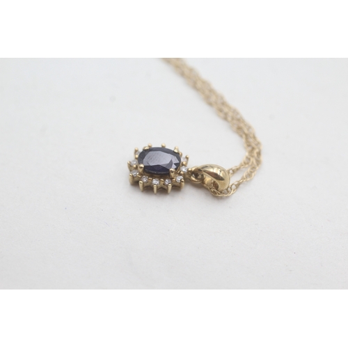 85 - 9ct gold sapphire & diamond cluster pendant necklace (1.6g)