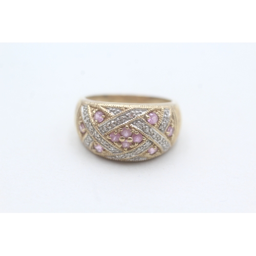 87 - 9ct gold pink sapphire and diamond ring (4.4g) Size N 1/2