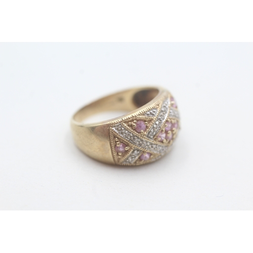 87 - 9ct gold pink sapphire and diamond ring (4.4g) Size N 1/2