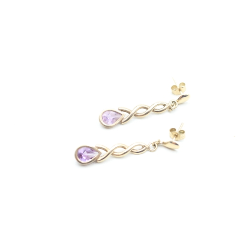 145 - 9ct gold pear cut amethyst drop earrings (1.7g)