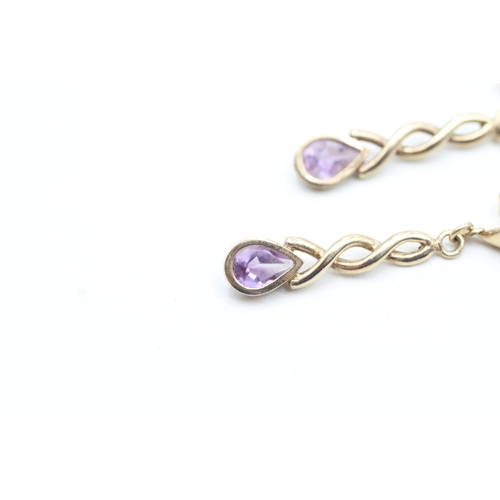 145 - 9ct gold pear cut amethyst drop earrings (1.7g)