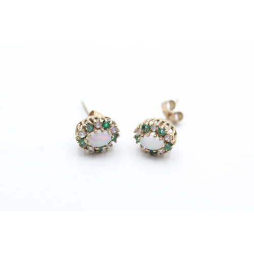 161 - 9ct gold opal, emerald and cubic zirconia set cluster stud earrings (1.4g)