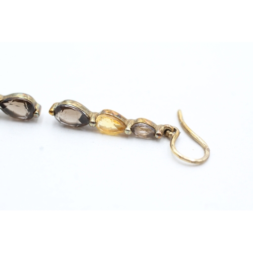 170 - 9ct gold pear cut smokey quartz, and citrine set static drop earrings (2.2g)