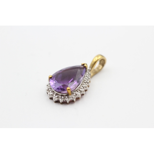 177 - 9ct gold amethyst and diamond pear pendant (3.2g)