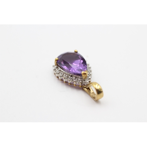 177 - 9ct gold amethyst and diamond pear pendant (3.2g)