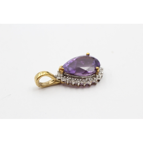 177 - 9ct gold amethyst and diamond pear pendant (3.2g)