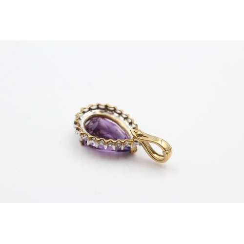 177 - 9ct gold amethyst and diamond pear pendant (3.2g)