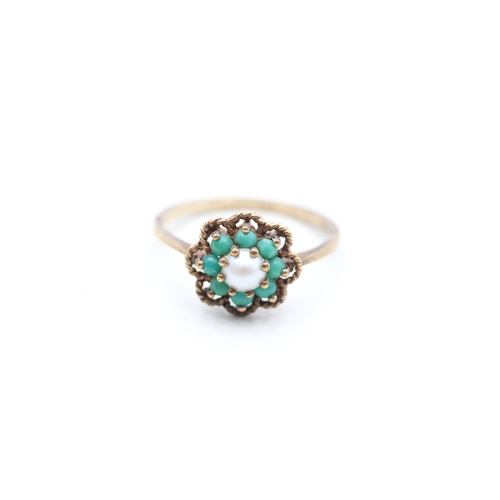 209 - 9ct gold vintage turquoise and pearl set cluster ring (1.9g) Size N 1/2