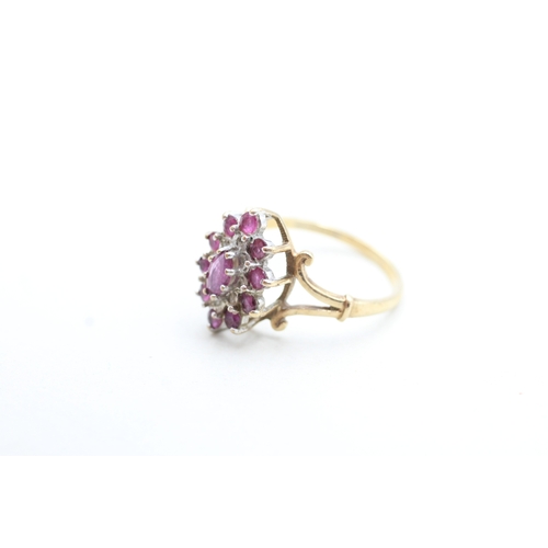 211 - 9ct gold ruby and diamond set marquise shaped cluster ring (3.1g) Size Q