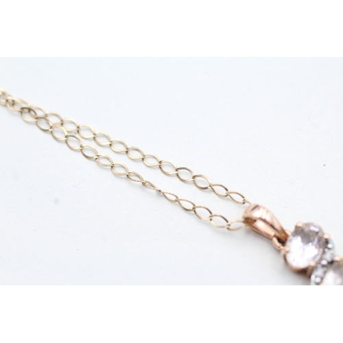 232 - 9ct gold diamond & morganite twin stone pendant on chain (2.2g)