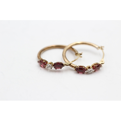 236 - 9ct gold diamond and garnet hoop earrings (1.1g)