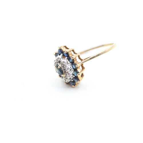 241 - 9ct gold diamond and sapphire set cluster ring (2.2g) Size R