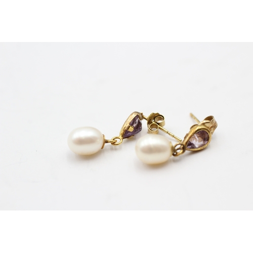 247 - 9ct gold amethyst and cultured pearl earrings (1.3g)