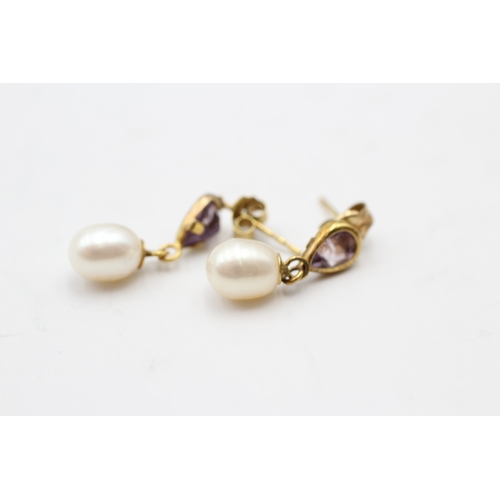 247 - 9ct gold amethyst and cultured pearl earrings (1.3g)