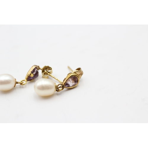 247 - 9ct gold amethyst and cultured pearl earrings (1.3g)