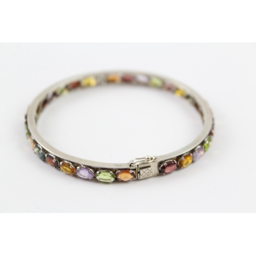 286 - Sterling Silver Multi Gemstone Tennis Bangle w/ Garnet, Topaz, Peridot 14g