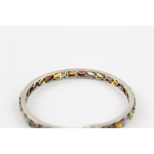 286 - Sterling Silver Multi Gemstone Tennis Bangle w/ Garnet, Topaz, Peridot 14g