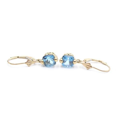 30 - 9ct gold blue topaz drop earrings with lever backs (2.1g)