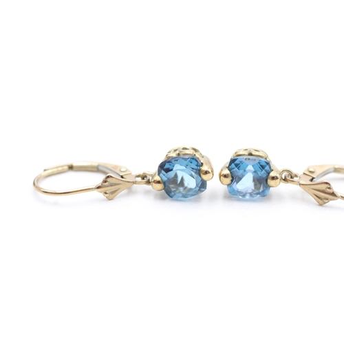 30 - 9ct gold blue topaz drop earrings with lever backs (2.1g)