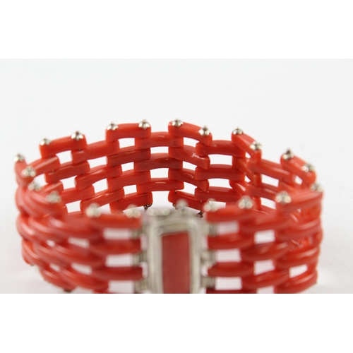 300 - Sterling Silver Panther Link Coral Bracelet 36g